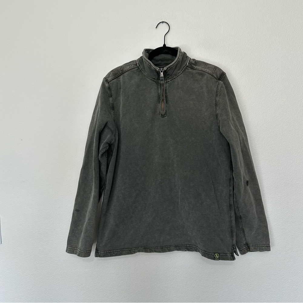 Aigle mens pullovwr 1/4 zip garment dyed army green/grey elbow patch sweater L